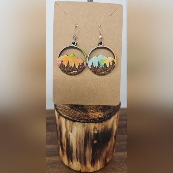 Handmade Jewelry - Hand Painted Sunset Mountain Trees Laser Cut Wood Dangle Earrings Round 1"